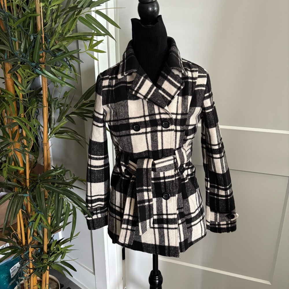 JOU JOU DOUBLE BREASTED PLAID PEA COAT BUTTON CINCH BELTED CLOSURE SZ GIRLS SZ L
